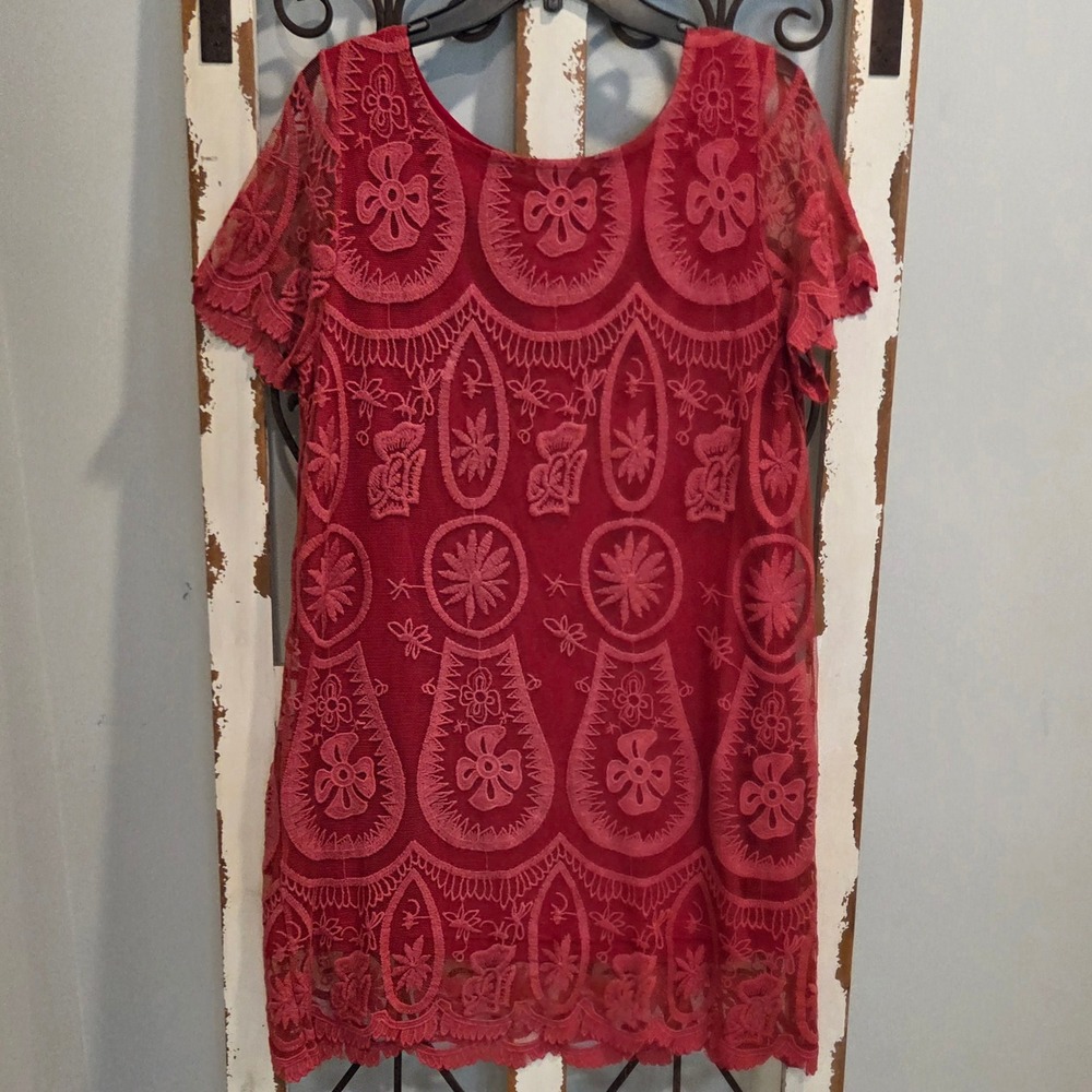 On The Road Red Embroidered Lace Shift Dress Large Short Sleeve Boho Chic Party
